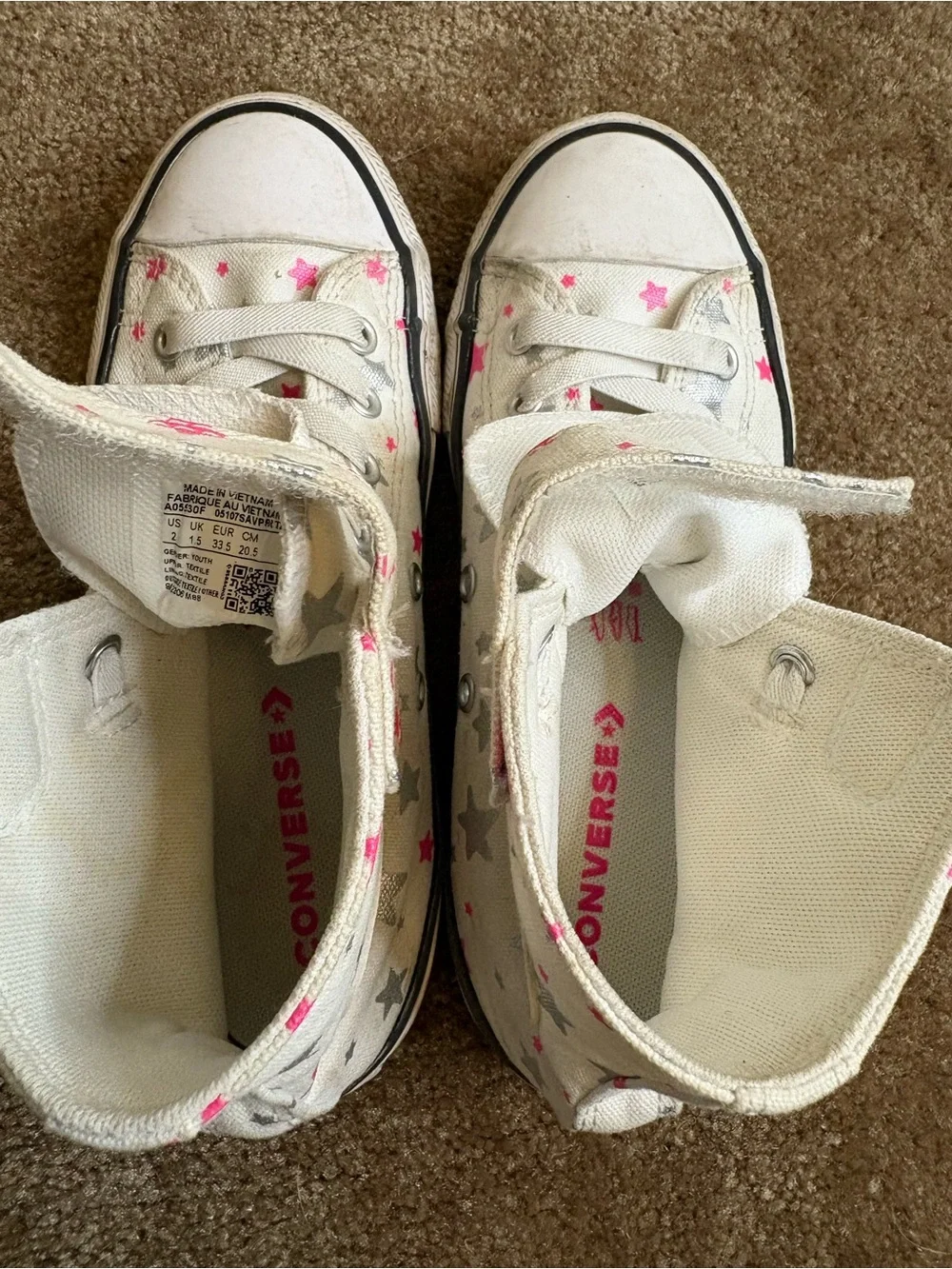 Converse Kids White High-Top Sneakers with Pink and Silver Stars